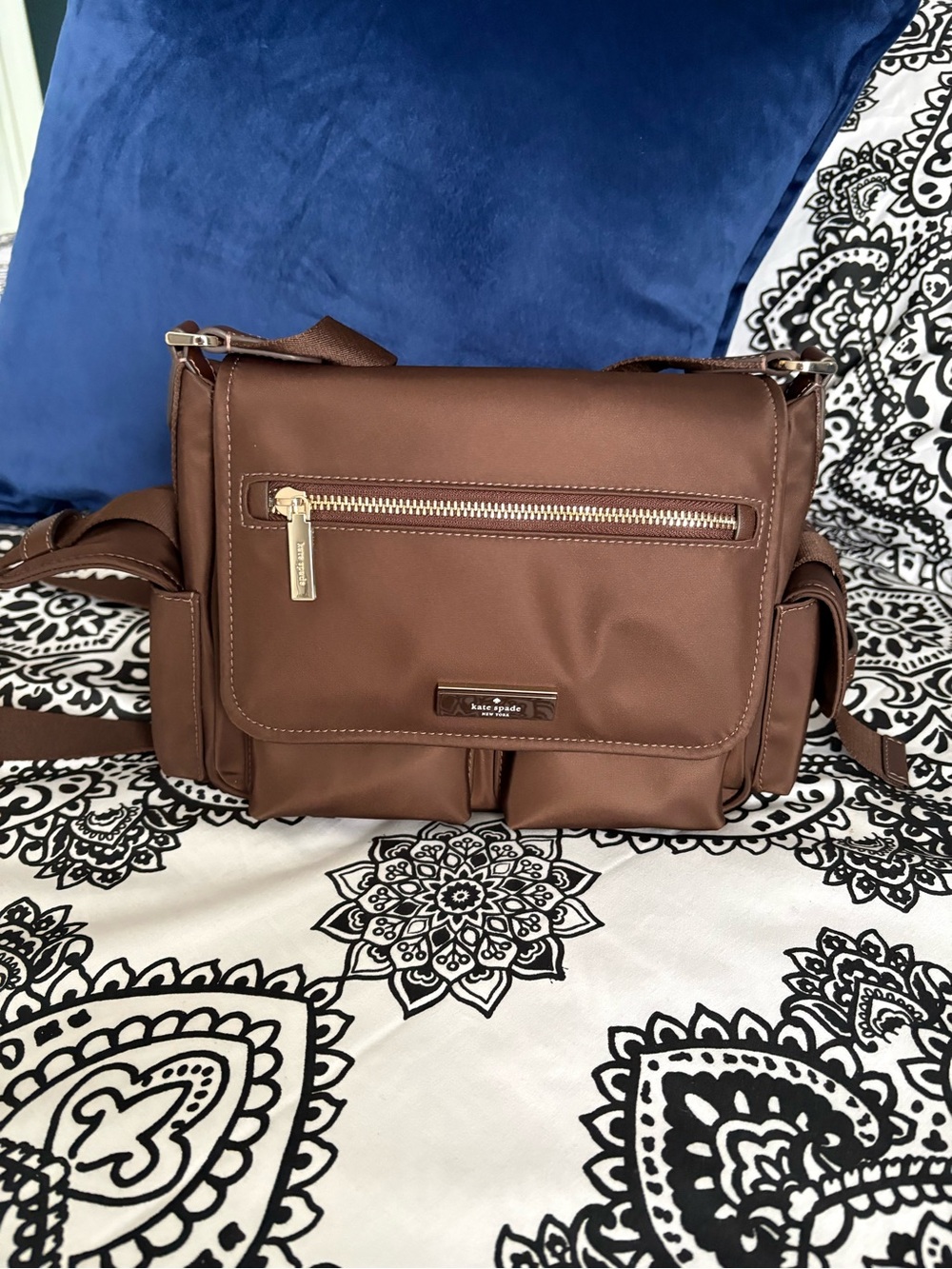 kate spade brown nylon messenger bag with gold hardware